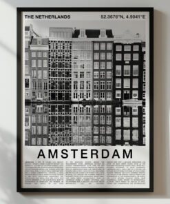 Black and White Amsterdam Travel Poster – Canal Houses