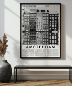 Black and White Amsterdam Travel Poster – Canal Houses