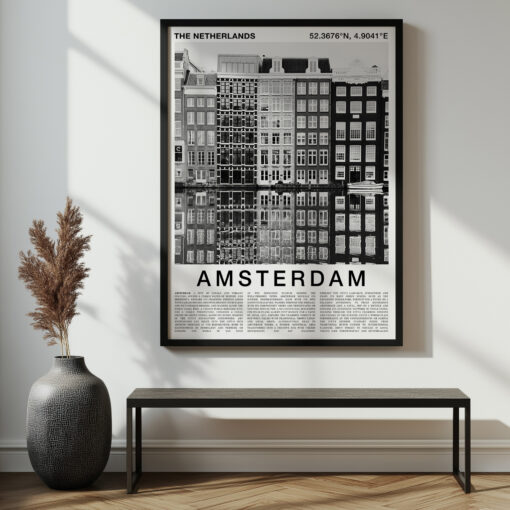 Black and White Amsterdam Travel Poster – Canal Houses