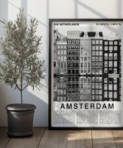 Black and White Amsterdam Travel Poster – Canal Houses