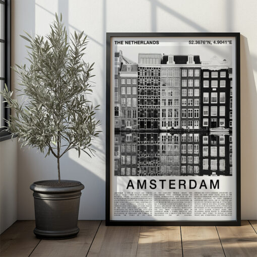 Black and White Amsterdam Travel Poster – Canal Houses