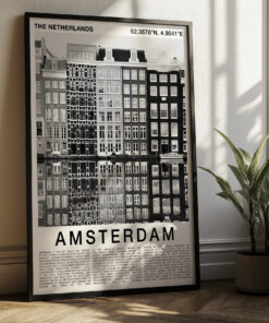 Black and White Amsterdam Travel Poster – Canal Houses