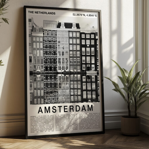 Black and White Amsterdam Travel Poster – Canal Houses