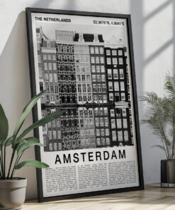 Black and White Amsterdam Travel Poster – Canal Houses