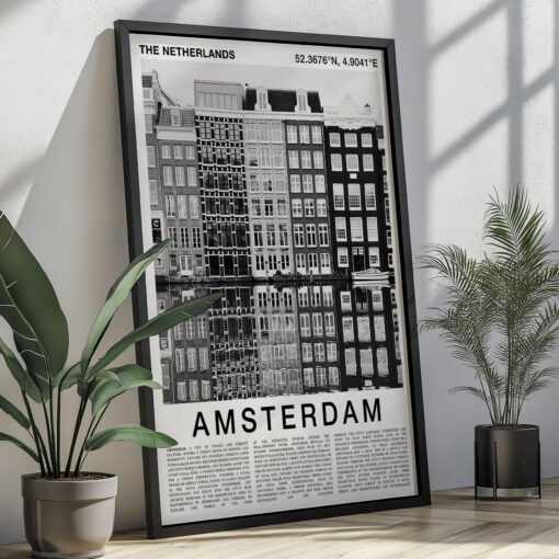 Black and White Amsterdam Travel Poster – Canal Houses