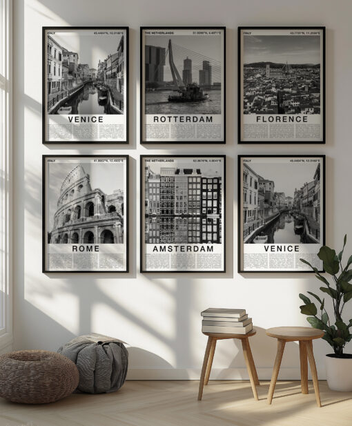 Black and White Amsterdam Travel Poster – Canal Houses