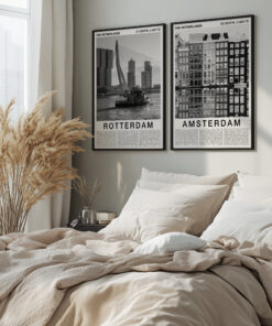 Black and White Amsterdam Travel Poster – Canal Houses