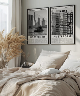 Black and White Amsterdam Travel Poster – Canal Houses