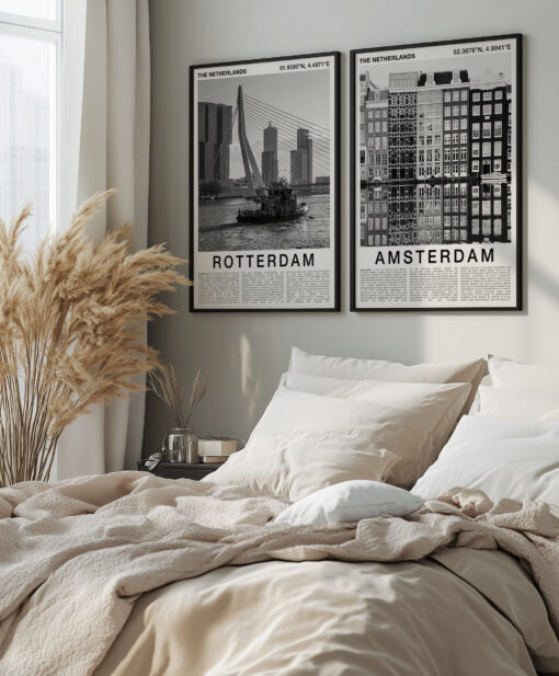 Black and White Amsterdam Travel Poster – Canal Houses