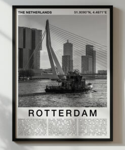 Black and White Rotterdam Travel Poster – Erasmus Bridge