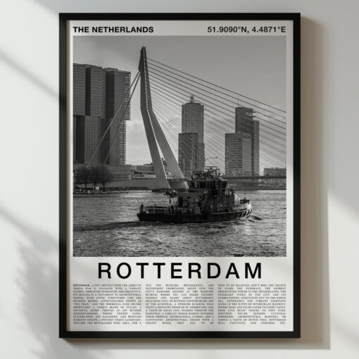 Black and White Rotterdam Travel Poster – Erasmus Bridge