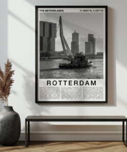 Black and White Rotterdam Travel Poster – Erasmus Bridge