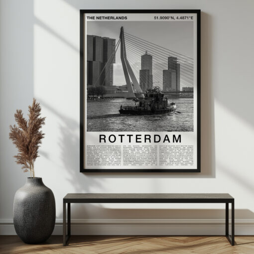 Black and White Rotterdam Travel Poster – Erasmus Bridge