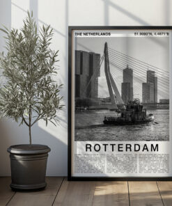 Black and White Rotterdam Travel Poster – Erasmus Bridge