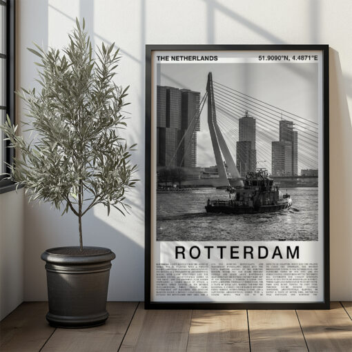 Black and White Rotterdam Travel Poster – Erasmus Bridge