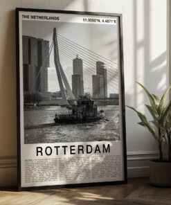 Black and White Rotterdam Travel Poster – Erasmus Bridge