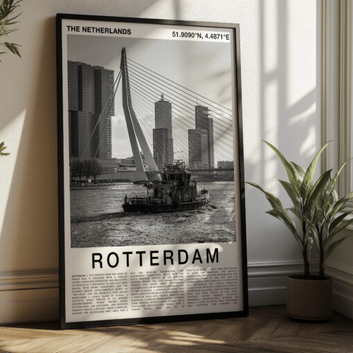 Black and White Rotterdam Travel Poster – Erasmus Bridge