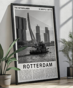 Black and White Rotterdam Travel Poster – Erasmus Bridge