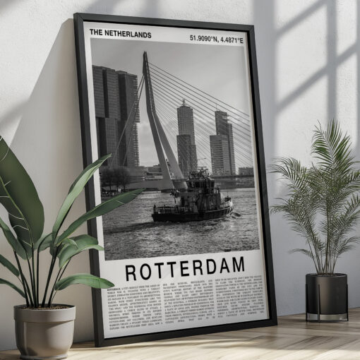 Black and White Rotterdam Travel Poster – Erasmus Bridge